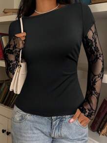 CovetEZ Áo len dệt kim dài tay chắp vá ren đen cho nữ, thường ngày mùa hè - màu đen - Xem 3