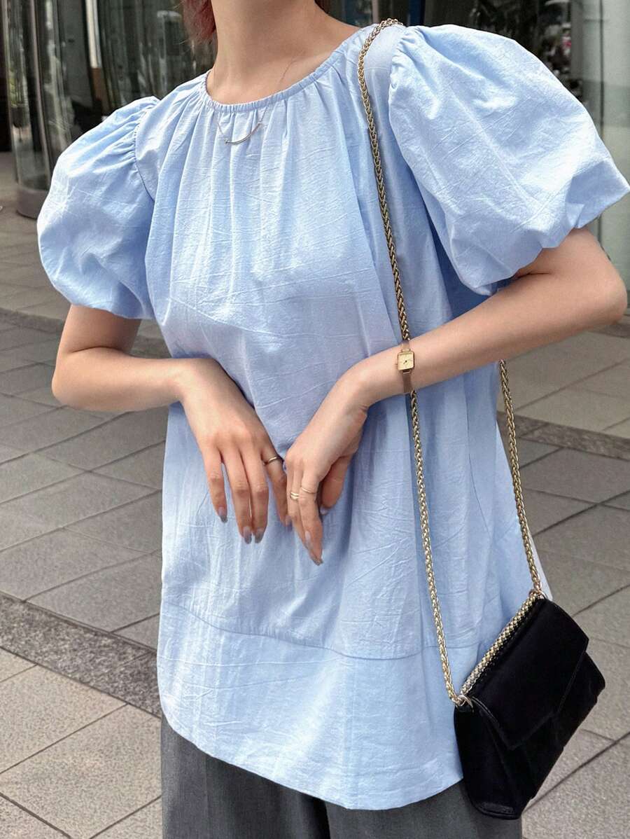 FRIFUL 女士棉麻外观宽松荷叶边袖圆领夏季短袖休闲甜美衬衫,适合夏季、独立日 - 藍色 - 查看 1