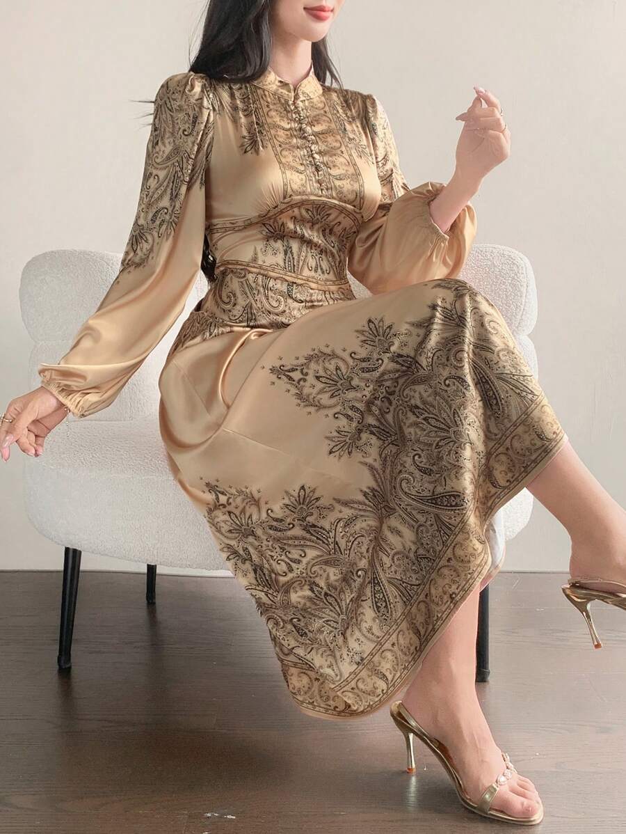 DAZY Damen Party Blume Muster Rundhals Langarm Farbblock Kleid, Herbst Feiertag Geburtstags Feier Hochzeitsgast Outfit