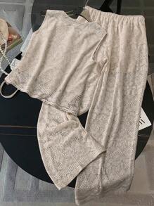 Everyssa 2 件套女士春夏新款仿钩针镂空针织休闲裤套装（花卉图案） - 卡其色 - 查看 2