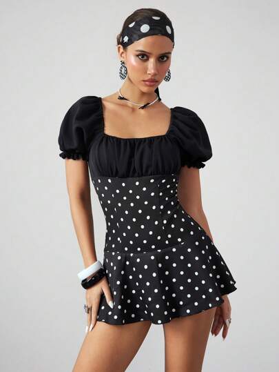 ROMWE Avant Retro Polka Dot Low-Cut Puff Sleeve Fitted Mini Dress, Vacation/Holiday Style