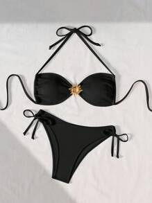 Swim Basics Metal Buckle Decor Textured Fabric Bikini Set For Summer Beach Vacation - Black - View 7