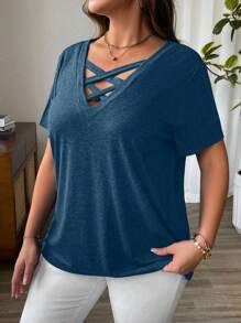 EMERY ROSE 大码女式夏季短袖针织交叉领T恤 - 藍色 - 查看 4
