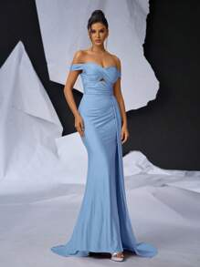 Glamrae Vestido de noche elegante y glamoroso con hombros descubiertos, entrelazado cruzado, corte ajustado, abertura alta lateral, caída drapeada y cola de pez
