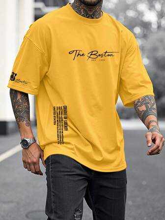 Manfinity LEGND Plus Size Men's Casual Slogan Print Dropped Shoulder Loose Fit Short Sleeve T-Shirt, Summer