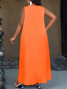 Maweii Plus Size Women's Summer Solid Color Sleeveless Top Dress With Pockets Maxi Women Outfit