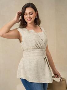 Chikora Plus Size Casual Asymmetric Sleeveless Shirt, Summer - Apricot - View 4