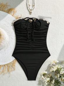 Swim Vcay 1 件优雅无肩带棕色罗纹贝壳织带装饰女式连体泳衣