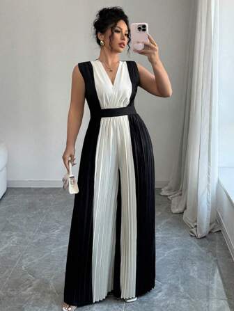 Elenzga Frauen Große Größen Plissee V-Ausschnitt Taillengegürtet Weites Bein Jumpsuit, eleganter Alltags Lässig Pendler Urlaub