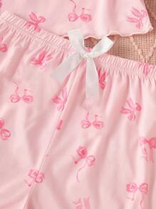 2 piezas Conjunto de pijama de camiseta y pantalones cortos con aplicación de encaje de mariposa para chicas adolescentes, elegante y cómodo, color rosa - Rosa - Ver 5