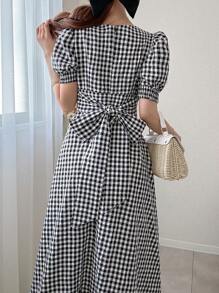 FRIFUL Women's Plaid Puff Sleeve Contrast Lace Long Dress, Cinched Waist, Flared Skirt, Bowknot, Flattering, For Summer, Birthday, Festival, Vacation,Casual Women Dresses
