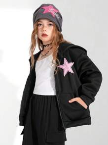 Teenager Girls' Hooded Zipper Sweatshirt, Star Pattern Streetwear Dark Punk Style Sweatshirt, Autumn/Winter Fall - Dark Grey - View 5