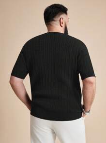 EASEVO Plus Size Men's Slim Fit Cable Knit Black Crew Neck Short Sleeve Sweater, School, For Fall Winter