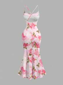 SHEIN MOD 女士优雅花卉印花垂坠领露背连衣裙 - 彩色 - 查看 3
