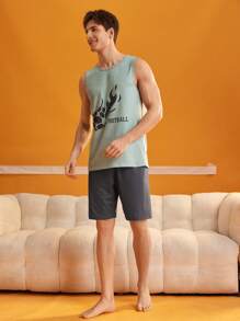 SHEIN Men's Letter Print Vest And Shorts Loungewear Set - Light Grey - View 4