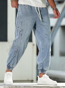 Manfinity LEGND Pantalones vaqueros informales para hombre con cintura ajustable con cordón y pierna entallada