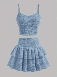 Girlism ملابس محددة من قطعتين للفتيات المراهقات - ملابس علوية كامي محبوكة نسيجية، وتنورة قصيرة متدرجة ذات ذيل مموج، بالأزرق، للربيع والصيف، كاجوال، ڤينتاج، أزياء الشاطئ