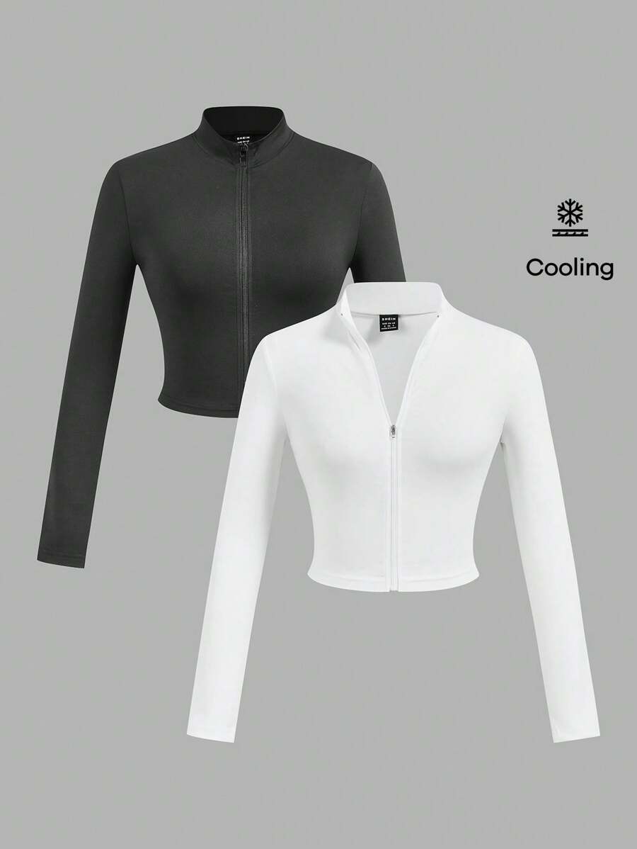 SHEIN Slayr 2pcs Women Autumn Winter Casual V-Neck Long Sleeve Stretchy T-Shirt With Half Zip, Black And White - Dark Grey - View 1