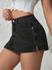 SHEIN PETITE Quần denim đa năng thường ngày có túi cho nữ - màu đen - Xem 3