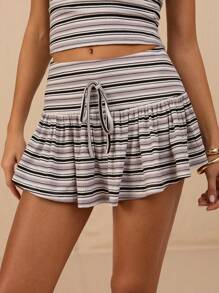 SHEIN Forever 21 女士休闲条纹荷叶边下摆半身裙，夏季 - 黑色 - 查看 1