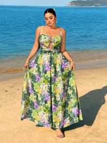 Sunnyshic 大码女式迷人印花前扭镂空高开衩连衣裙，度假风 - 黃色 - 查看 4