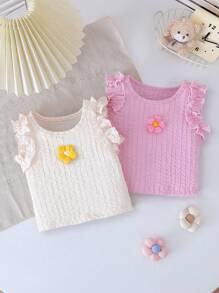 2pcs/Set Baby Girl Solid Color 3D Flower Ruffled Hem Camisole, Suitable For Outdoor, Casual, Sports And More Scenes - Multicolor - View 2