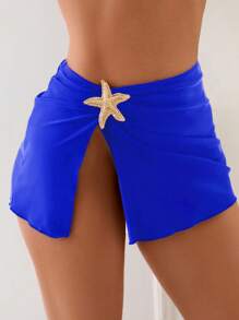 SHEIN Swim 1 件女士沙滩罩衫裙，侧面有海星装饰，性感时尚，纯色，适合度假 - 寶藍色 - 查看 3