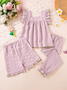 3 Pcs Set Girls Casual 3D Floral Sleeveless Top And Shorts/Pants Comfortable Pajamas, Summer Girls Summer Clothes Sets Clothes For Girls Cute Sets Girls Summer Clothes Young Girls Sets Baby Girl Clothes Summer - Baby Pink - View 3