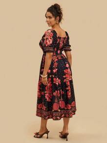Travachic Plus Size Women Bohemian Puff Sleeve Floral Print Square Neck Casual Summer Vacation Dress