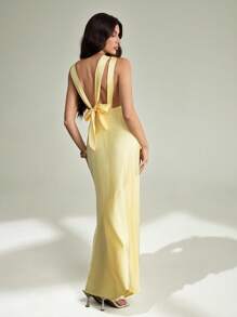 SHEIN Tall Vestido largo sin mangas de satén de seda amarillo pálido elegante para mujer, vestido ajustado de verano con nudo en la espalda para cenar, boda, dama de honor, fiesta de cóctel, tonos pastel, para mujeres altas - Amarillo - Ver 10