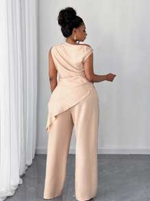 Maweii Bộ 2 áo và quần màu trơn cổ bất đối xứng thường ngày cho nữ - Màu Khaki - Xem 2