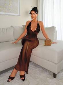 SHEIN SXY Vestido ajustado con cuello en V y encaje de contraste, Sexy