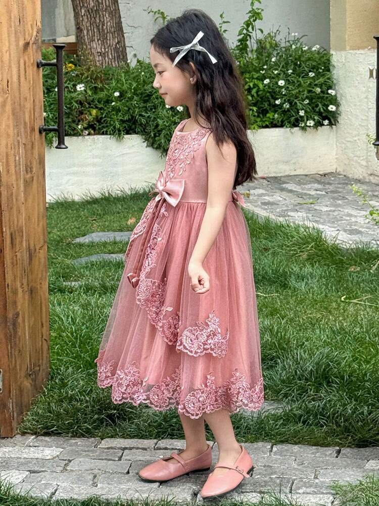 Girls Sleeveless Bow Decor Ruffled Party Dress, Summer