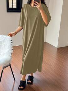 DAZY Minimalist Solid Color Loose Hem Split Hem Lounge Dress, Moo Moo - Army Green - View 3