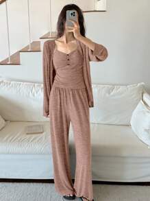 DAZY 3 件套柔软针织面料长款开衫、吊带背心和长裤休闲套装、返校服、秋装睡衣、舒适服装 - 橘色 - 查看 4