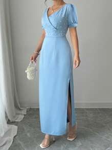 Elenzga 优雅纯色串珠装饰侧开衩连衣裙，夏季