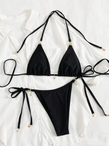 Swim Mod 2件套女士性感夏日度假纯色露背海星装饰泳裤和侧系带泳裤 - 黑色 - 查看 5