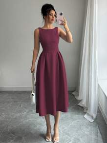 Elenzga Vestido midi con hombros descubiertos, talle ajustado y falda acampanada, elegante para el trabajo, el té de la tarde, fiestas, primavera/verano