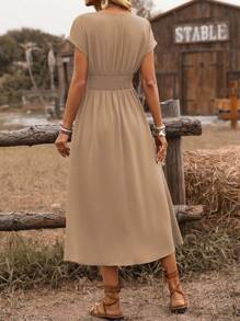 EMERY ROSE Damen Boho-Stil kurzes Midikleid mit Kreuzgurtung, geraffter Taille, Twist-Rückendetail und elastischem Bund, lässige Resort-Kleidung für Frühling/Sommer - Khaki - Übersicht 2