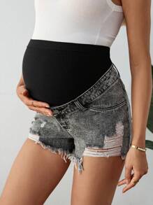 SHEIN Maternity Ripped Frayed Edge Casual Versatile Denim Shorts