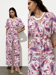 Lumivelle Open Crotch Design Printed Short Sleeve Jumpsuit For Women - Multicolor - View 1