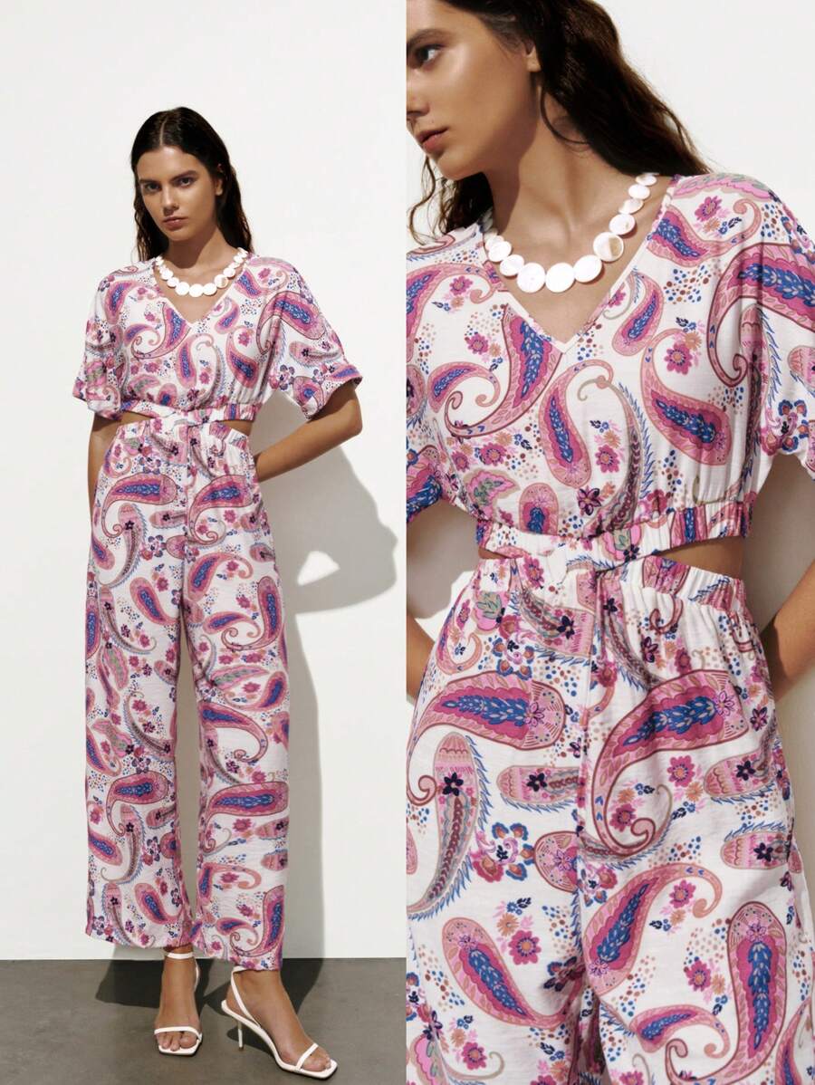Lumivelle Open Crotch Design Printed Short Sleeve Jumpsuit For Women - Multicolor - View 1