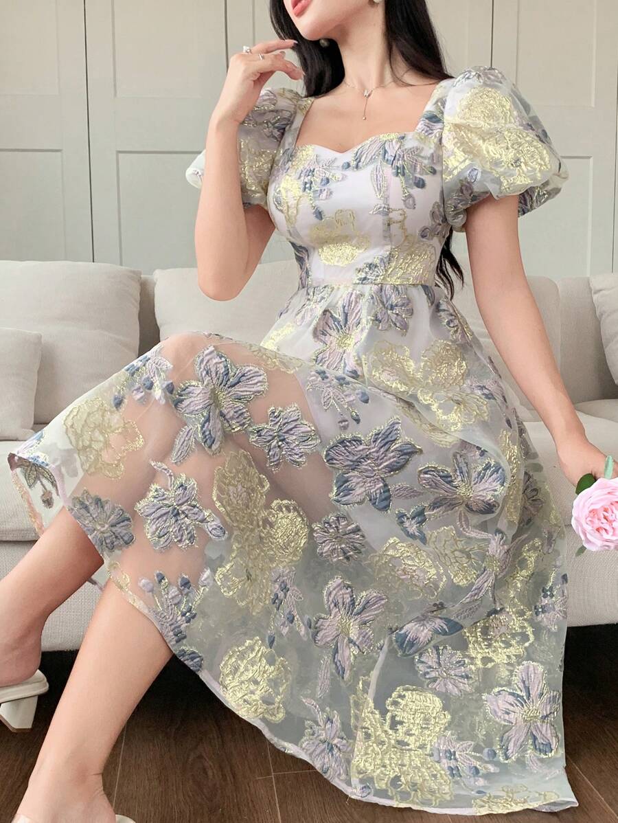 DAZY Women's Elegant Jacquard Mid-Length Dress, Summer Easter Floral Dresses For Women - Mauve Purple - View 1