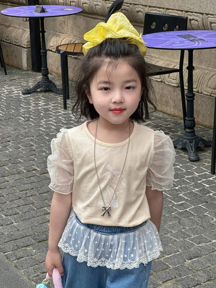 Young Girls Cute Cartoon Print Ruffle Net Fabric Short Sleeve T-Shirt, Fresh & Lovely Style For Summer