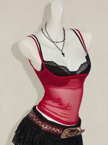 SHEIN ICON 女士红色薄纱蕾丝吊带露脐背心