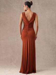 Silquee Premium Quality Summer Solid Dirty Orange Women's V-Neck Draped Hem Dress Double Layer Dress, Fashionable Summer Elegant Romantic Dress Suitable For Party, Going Out, Beach Vacation, Women's Beachwear, Beach Vacation Wear - Rust Brown - View 3