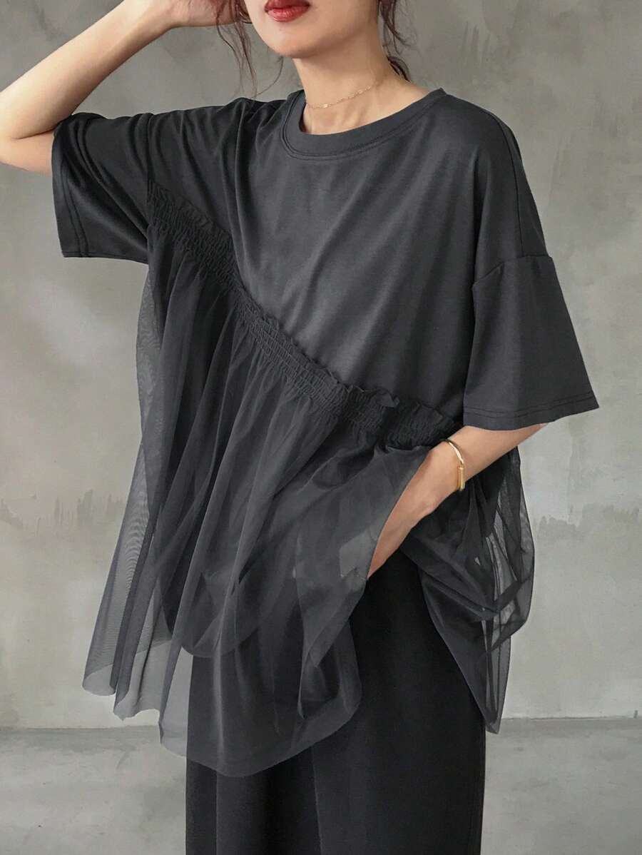 FRIFUL Women's Round Neck Mesh Patchwork Loose Short Sleeve T-Shirt Summer - Grey - View 1
