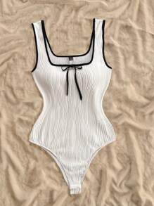 Soleia 女士加大码新款系带蝴蝶结针织连体衣，休闲优雅拼色紧身一体式连体衣 - 白色 - 查看 3