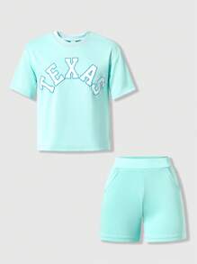 SHEIN 2pcs Set, Casual Loose Tee With Letter Print And Shorts, Suitable For Young Girls For School, Daily Wear And Play - Blue - View 1