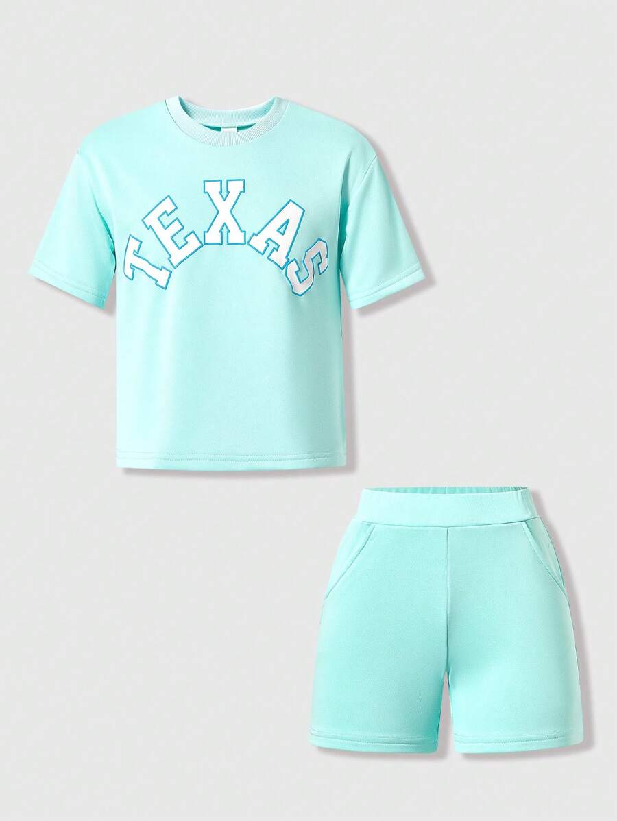 SHEIN 2pcs Set, Casual Loose Tee With Letter Print And Shorts, Suitable For Young Girls For School, Daily Wear And Play - Blue - View 1